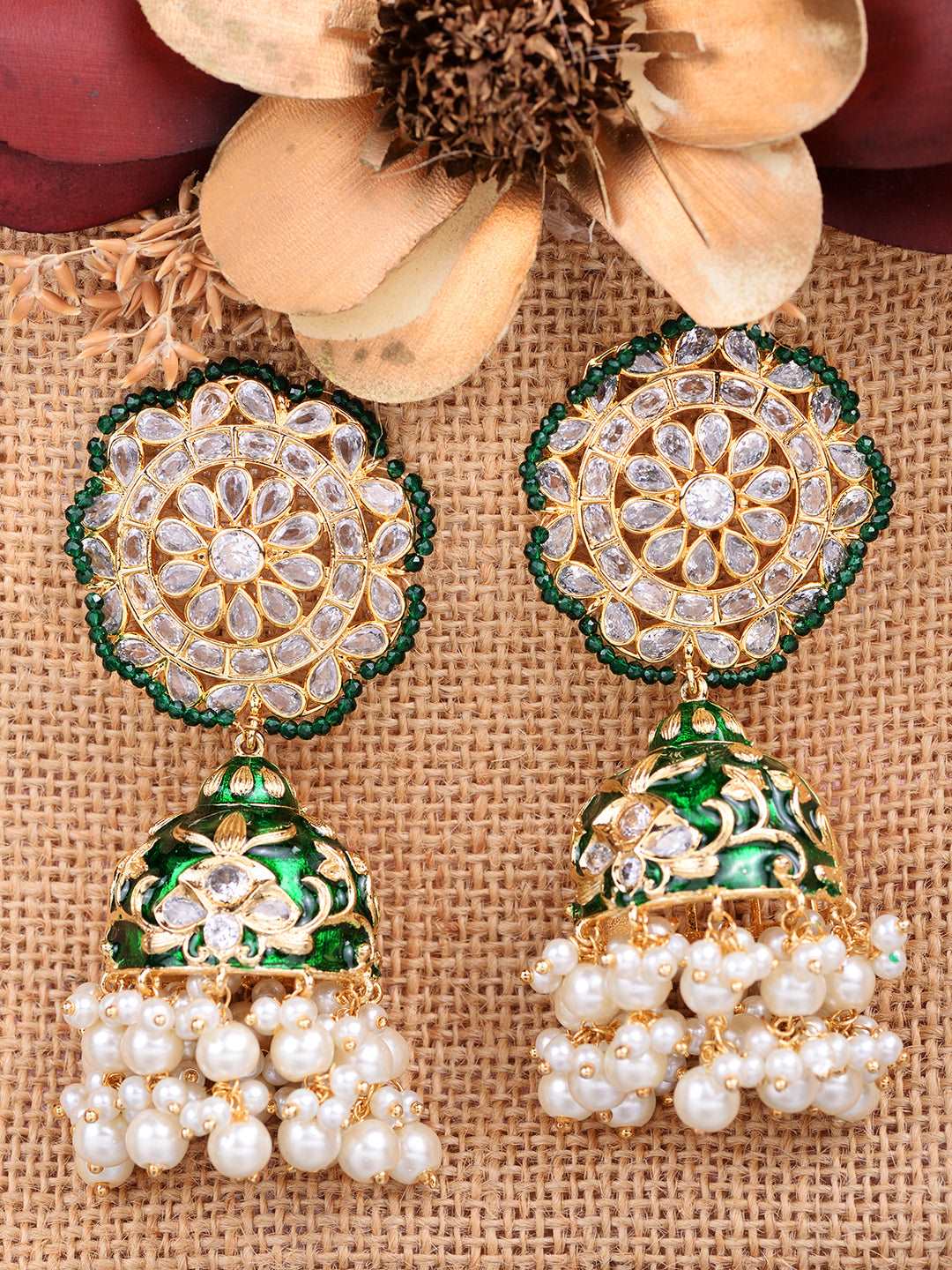 Buy Zaveri Pearls Green Stones Cluster Beads Drop Jhumka Earrings Online